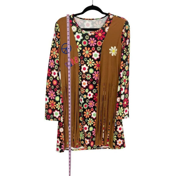 Hippie Mini-Dress, Size M, 70's Flower Power Fringe Halloween Costume Faux Suede - Picture 6 of 9